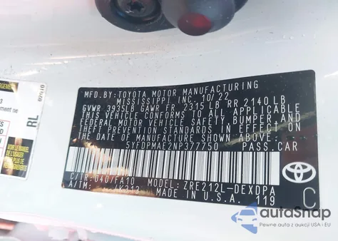 2022 Toyota Corolla L из США, поврежденный, VIN 5YFDPMAE2NP377750